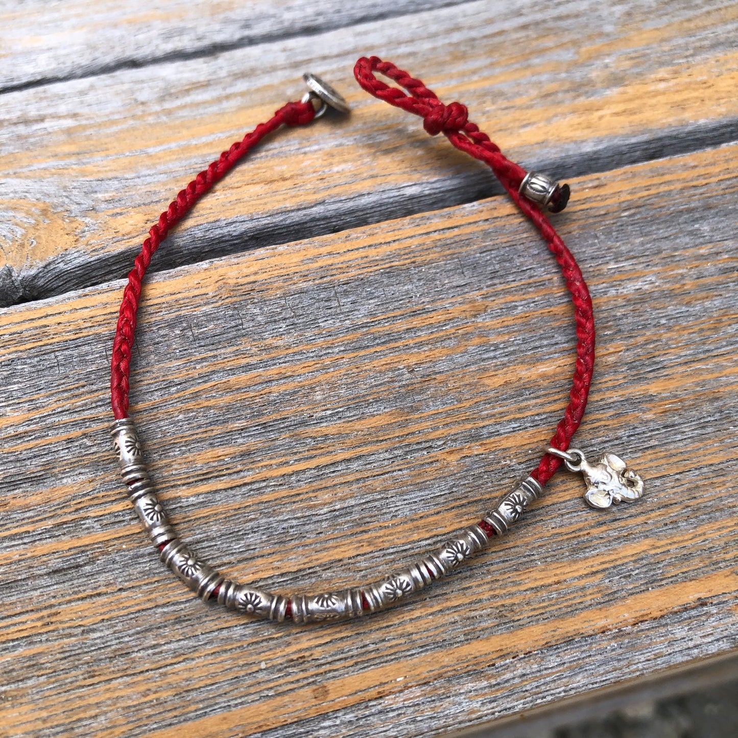 Hilltribe Silver And Charm On  Braided Red Cord Bracelet