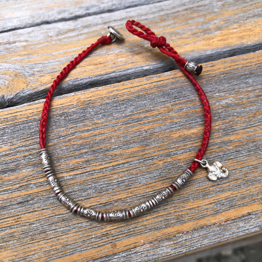 Hilltribe Silver And Charm On  Braided Red Cord Bracelet