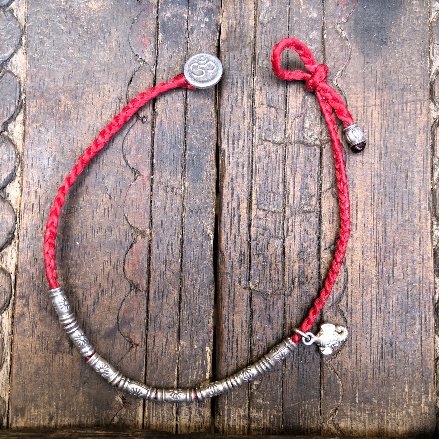 Hilltribe Silver And Charm On  Braided Red Cord Bracelet