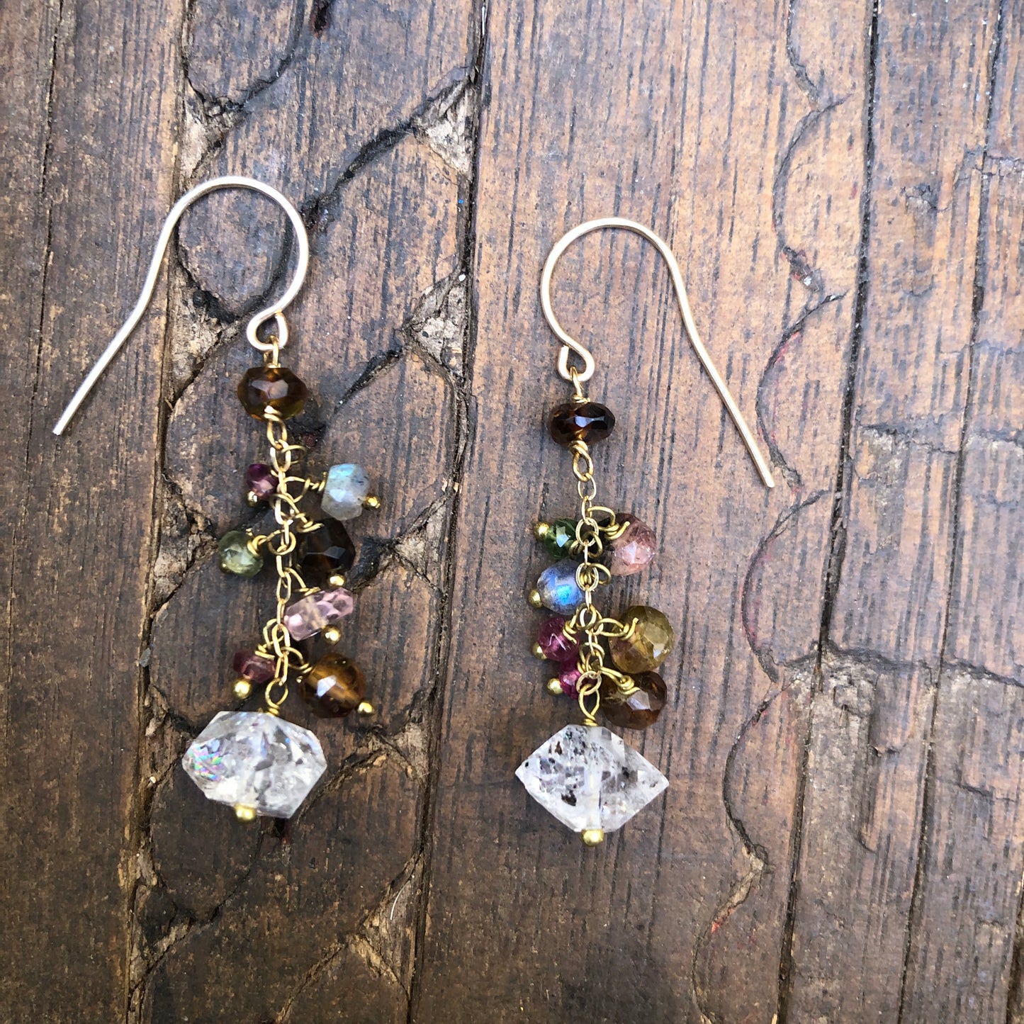 Herkimer Quartz And Tourmaline Dangle Earrings