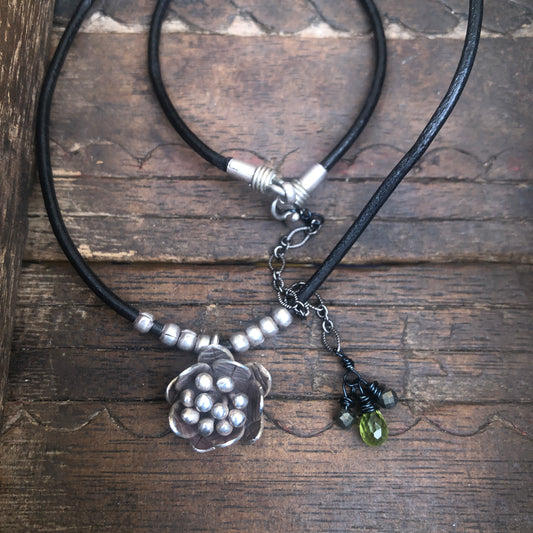 Silver Lotus Bud On Black Leather Cord Necklace