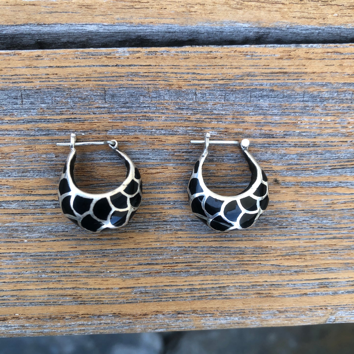 Black Seashell Silver Hoop Earrings