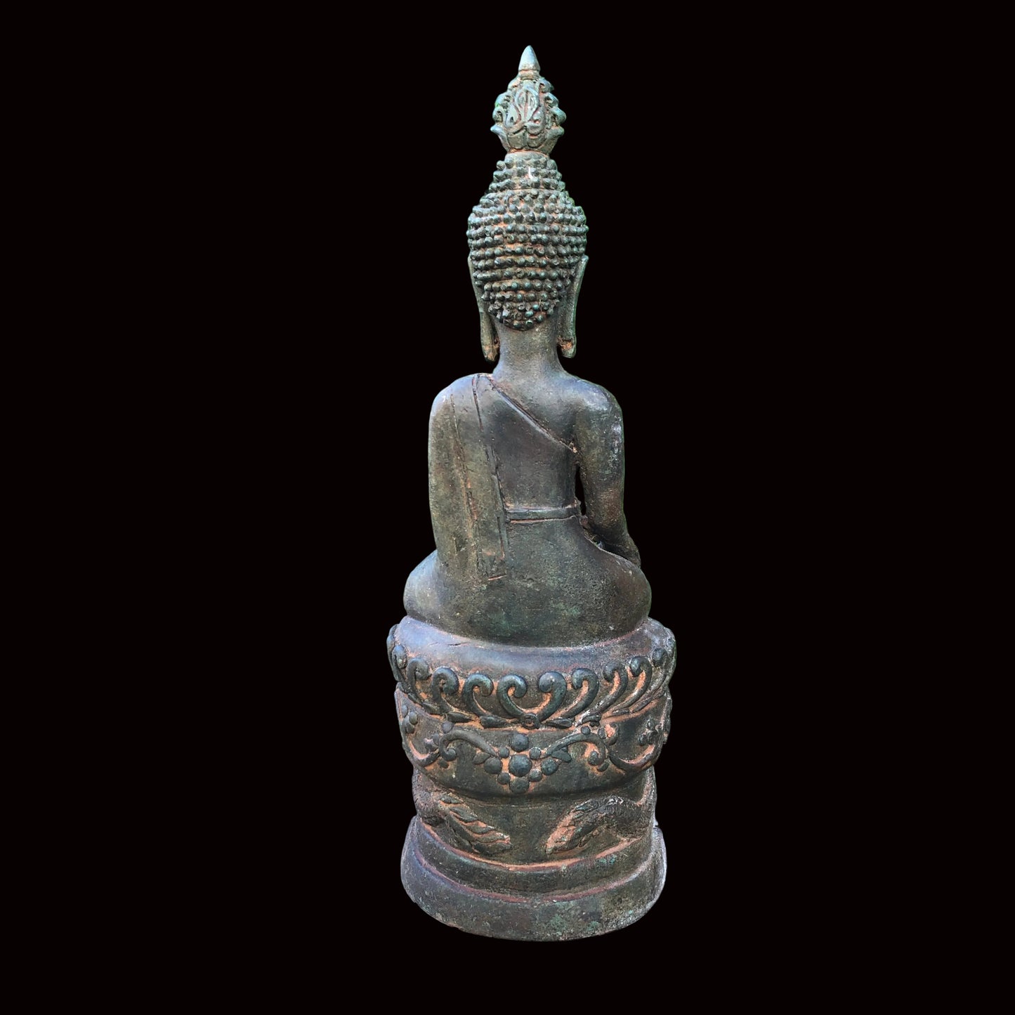 Antique Lao Bronze Buddha On Dragon Throne Bhumisparsha Mudra