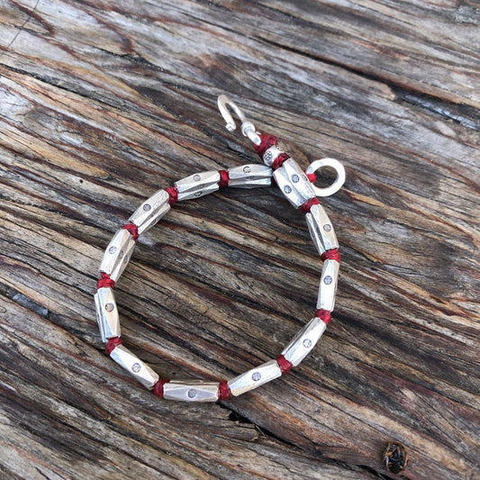 Solid Hilltribe Silver Beads On Red Cord Bracelet