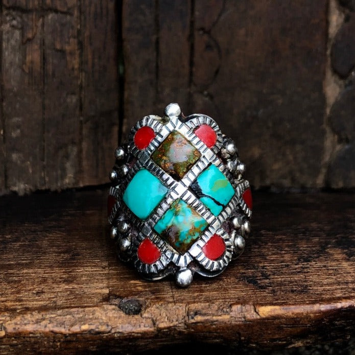 Turquoise And Coral Inlay Ring