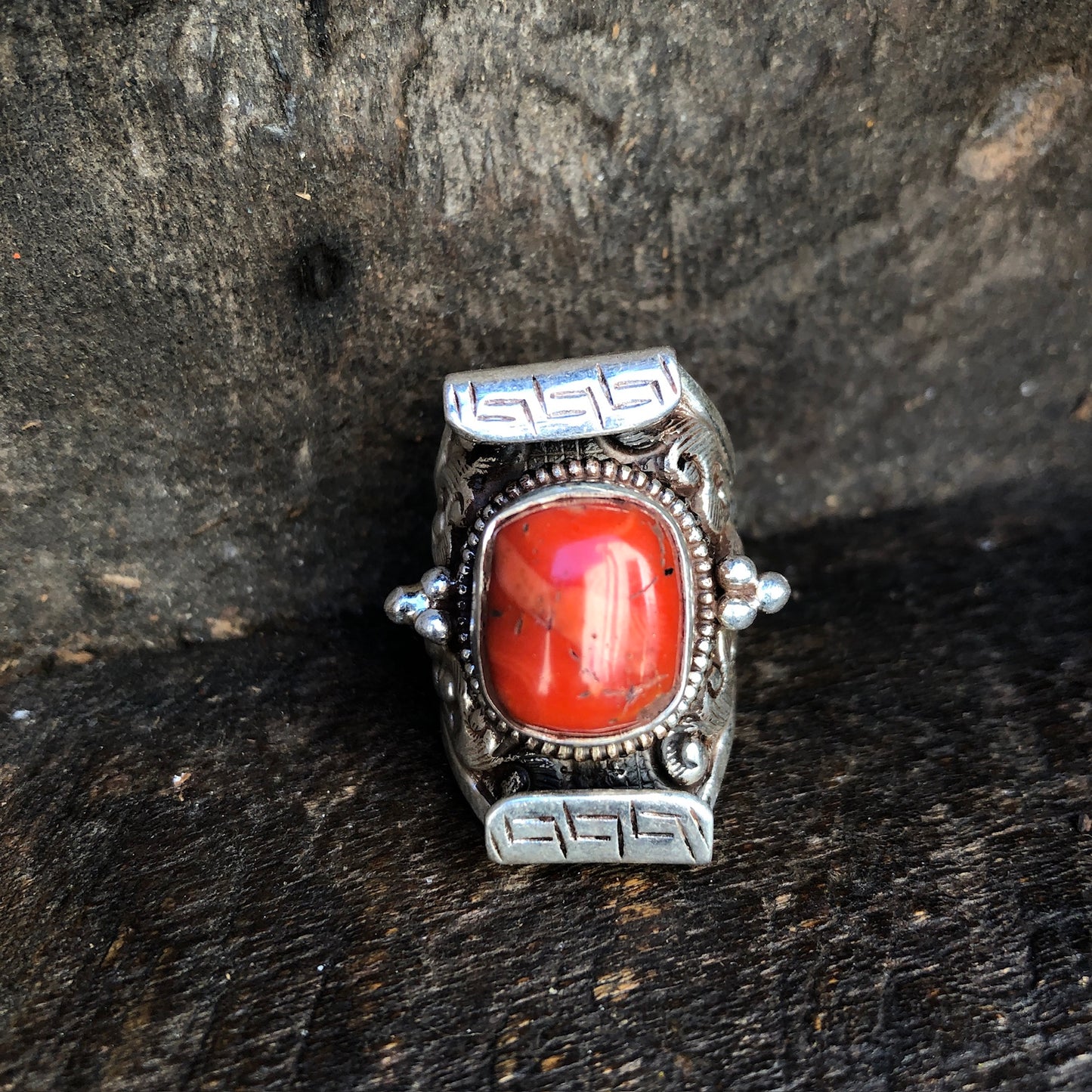 Red Coral Tibetan Saddle Ring