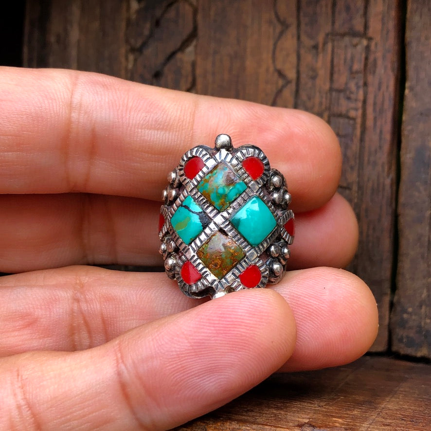 Turquoise And Coral Inlay Ring