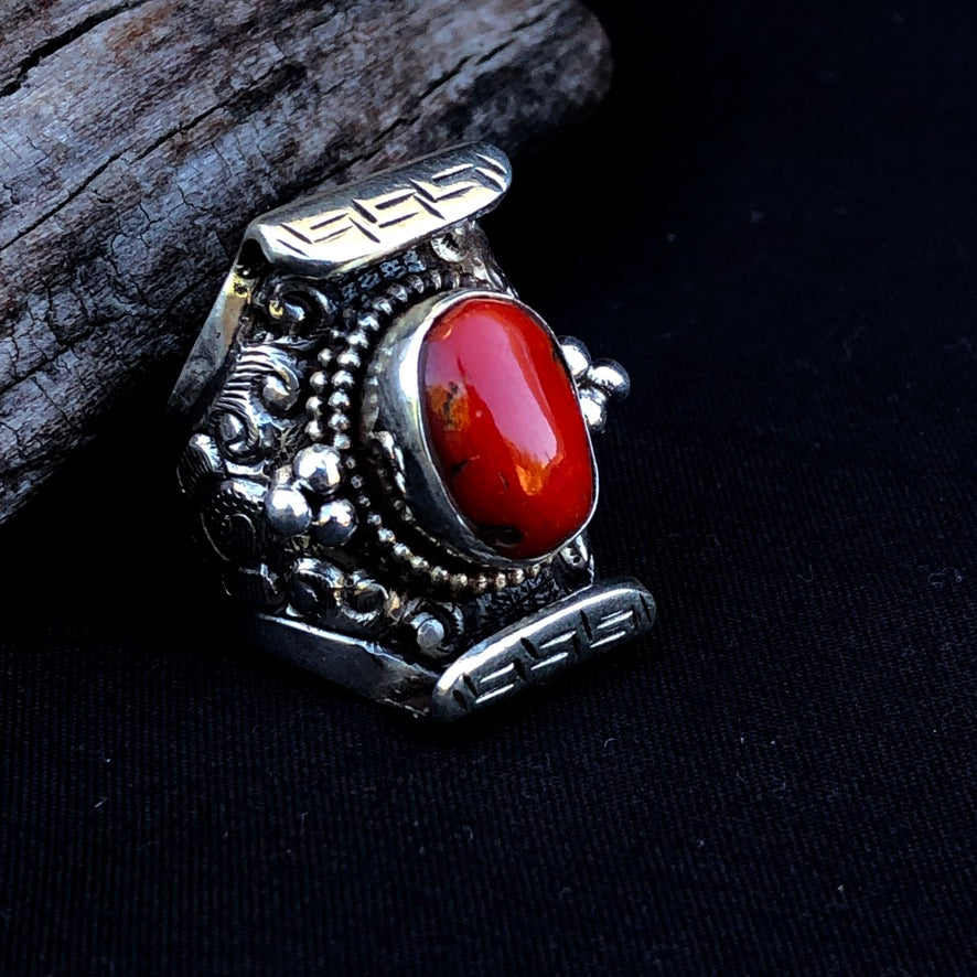 Tibetan Red Coral Saddle Ring