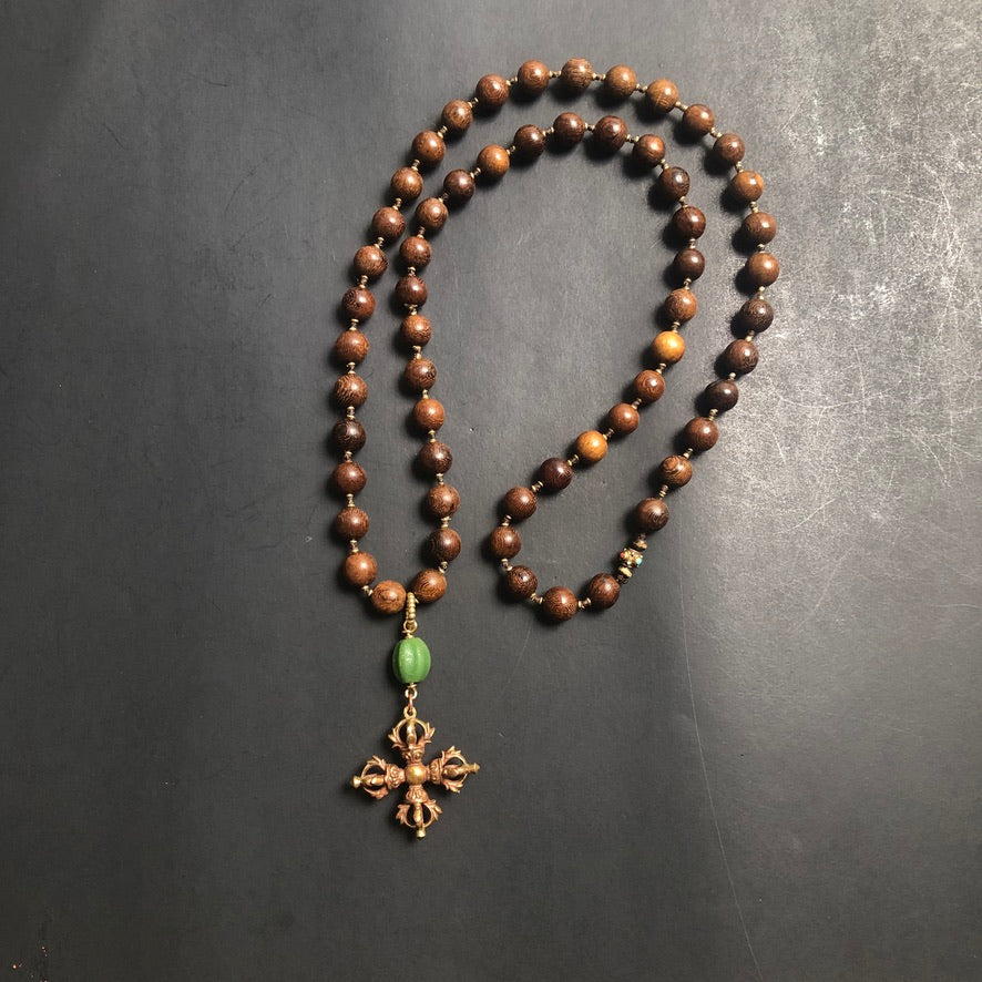 Double Dorje Wood Beaded Long Necklace