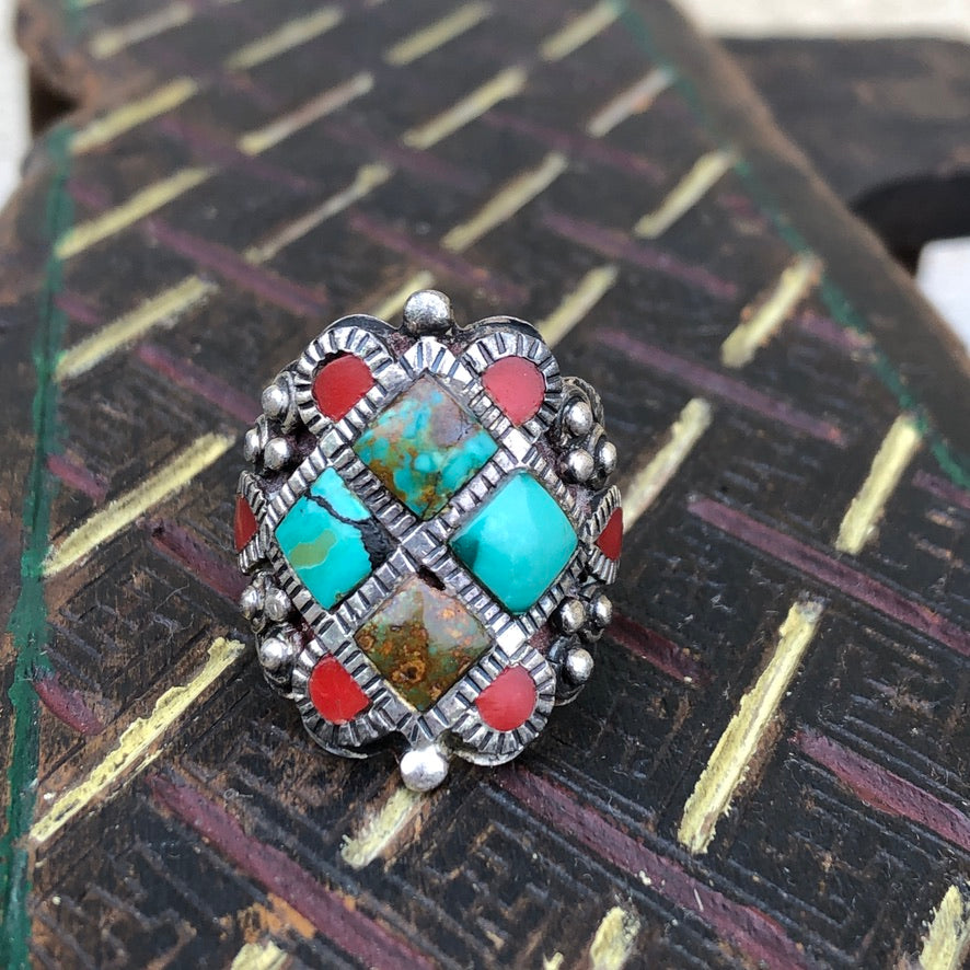 Turquoise And Coral Inlay Ring