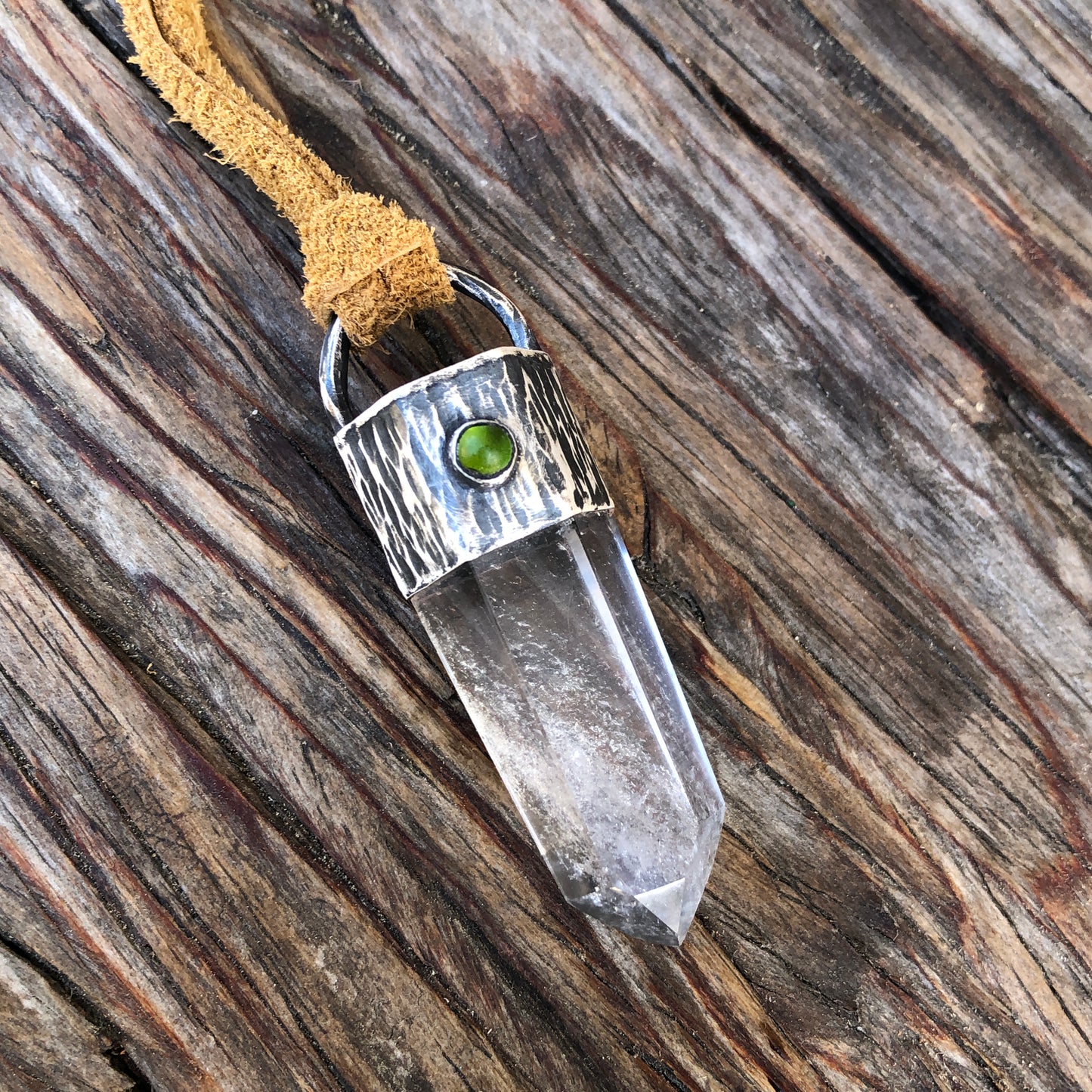 Clear Crystal Quartz Point Pendant On Leather Lace Necklace