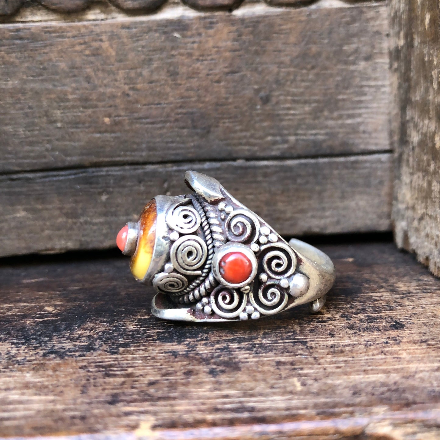 Amber and coral Tibetan ring 