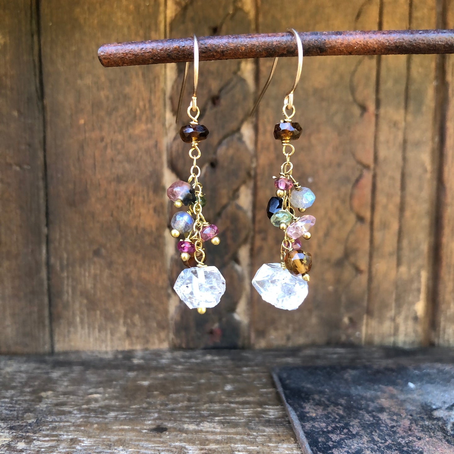 Herkimer Quartz And Tourmaline Dangle Earrings