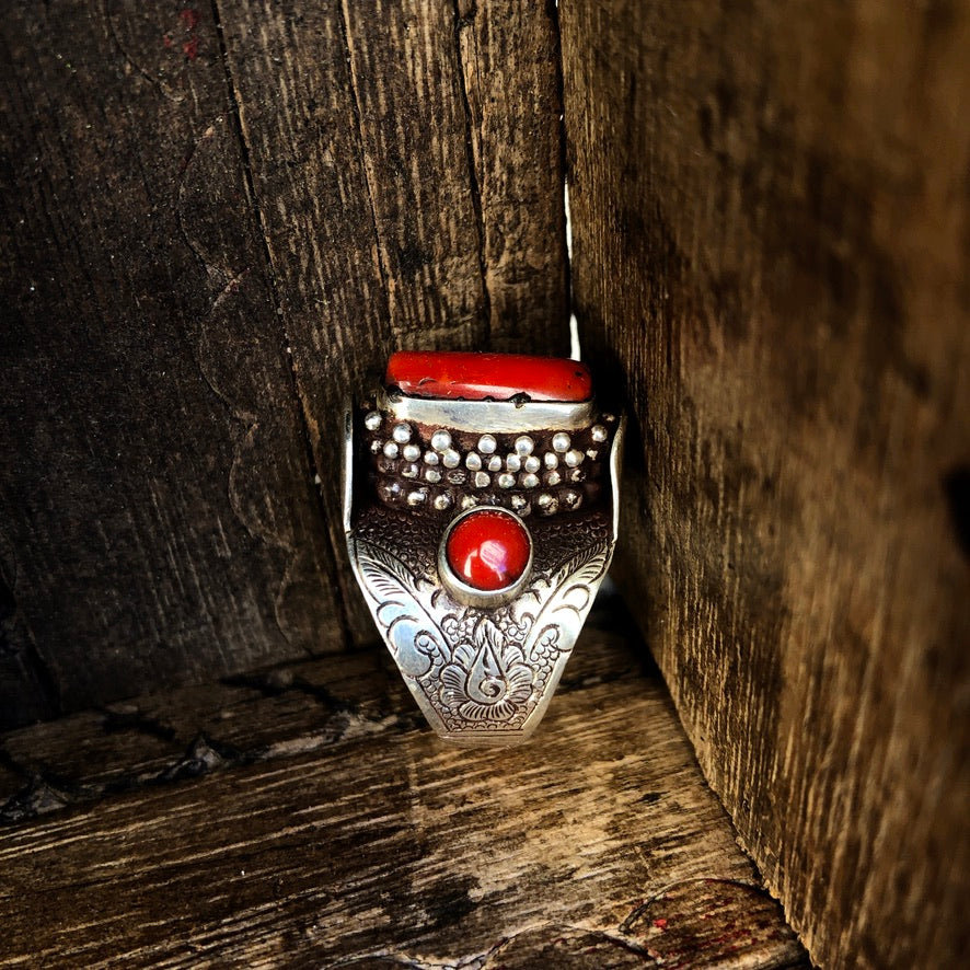 Red Coral Silver Saddle Ring