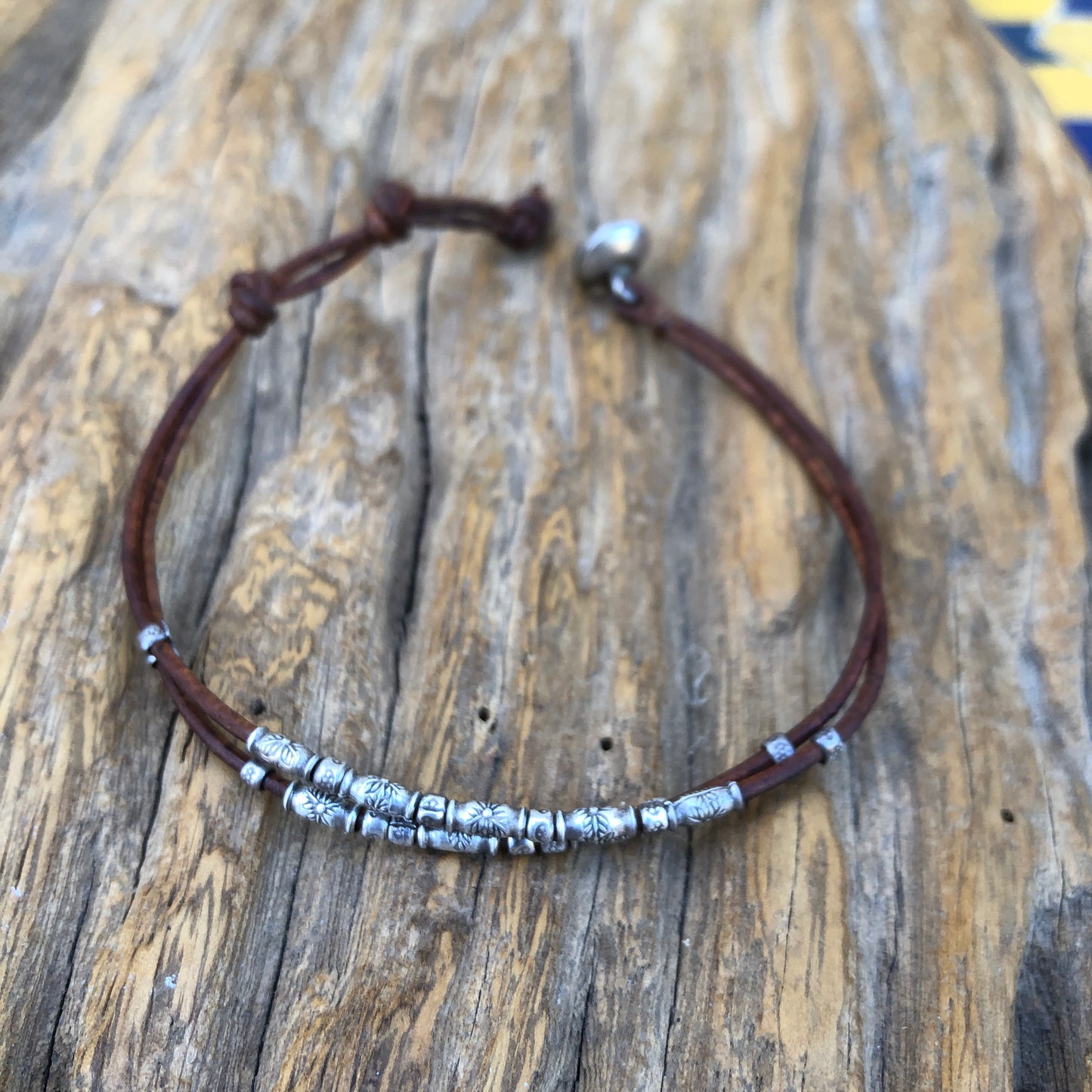 Hilltribe Silver Beads On Tan Leather Cord