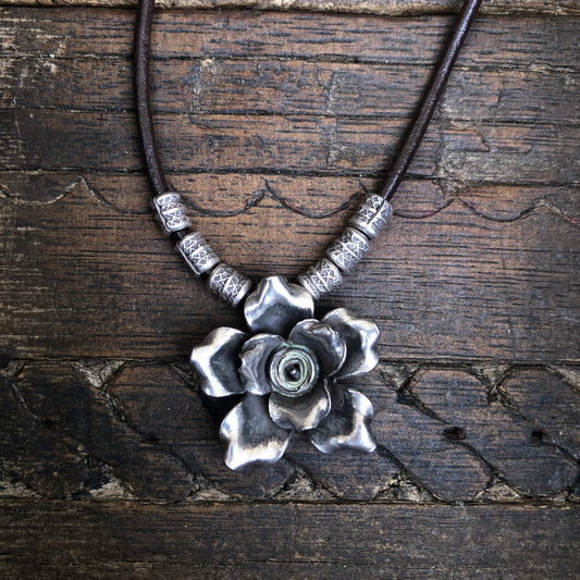 Sterling Silver Flower Bud On Leather Cord Necklace