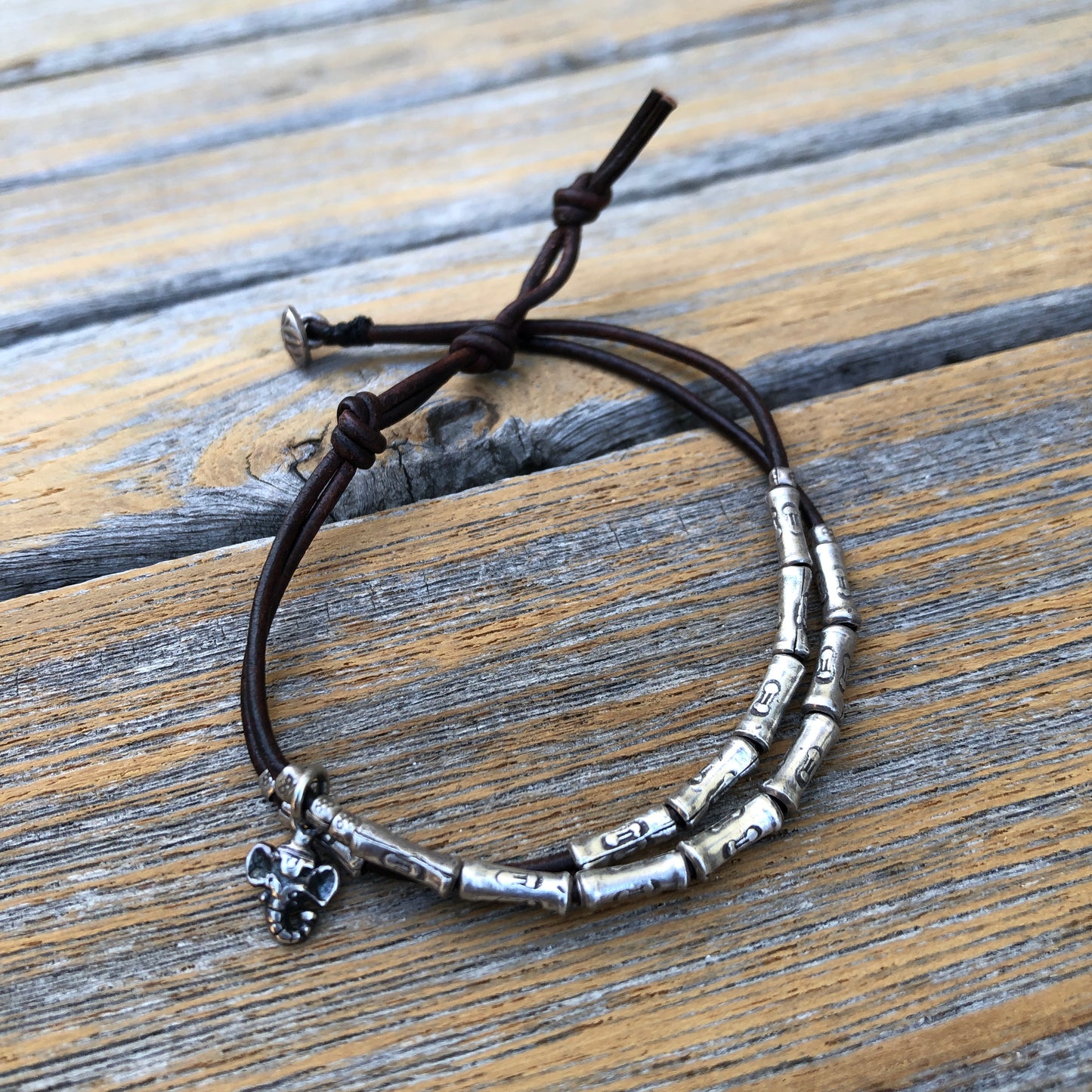 Hilltribe Silver Beads On Dark Brown Leather Cord