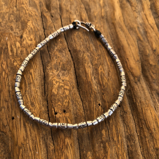 Hilltribe Silver Beads On Dark Brown Linen Cord