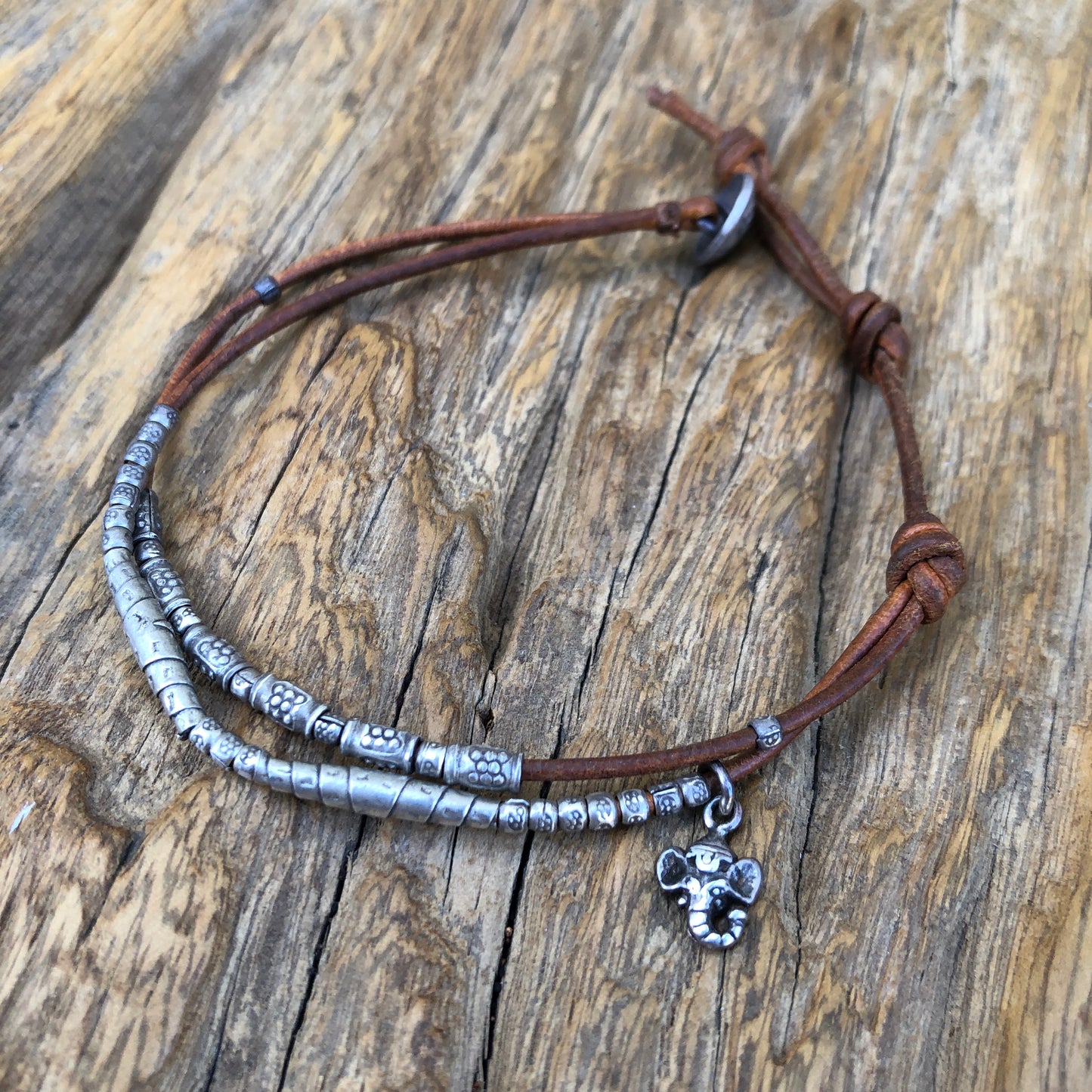 Hilltribe Silver Beads And Ganesha Charm On Dark Brown Leather Cord