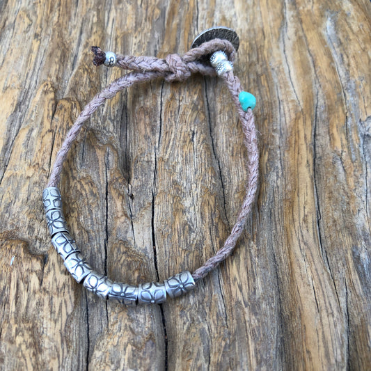 Hilltribe Silver Arizona Turquoise On Braided Natural Hemp Cord