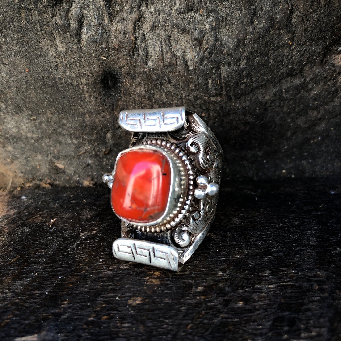 Red Coral Tibetan Saddle Ring