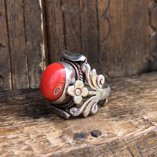 Red Coral Sterling Silver Ring Statement Jewelry