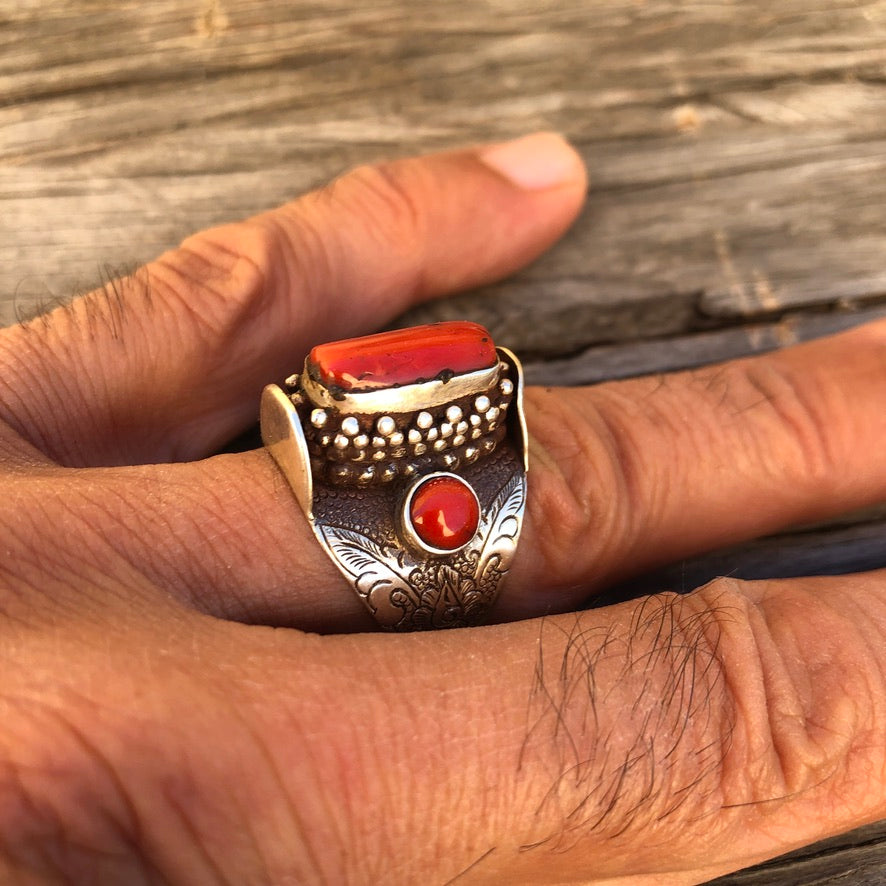 Red Coral Silver Saddle Ring