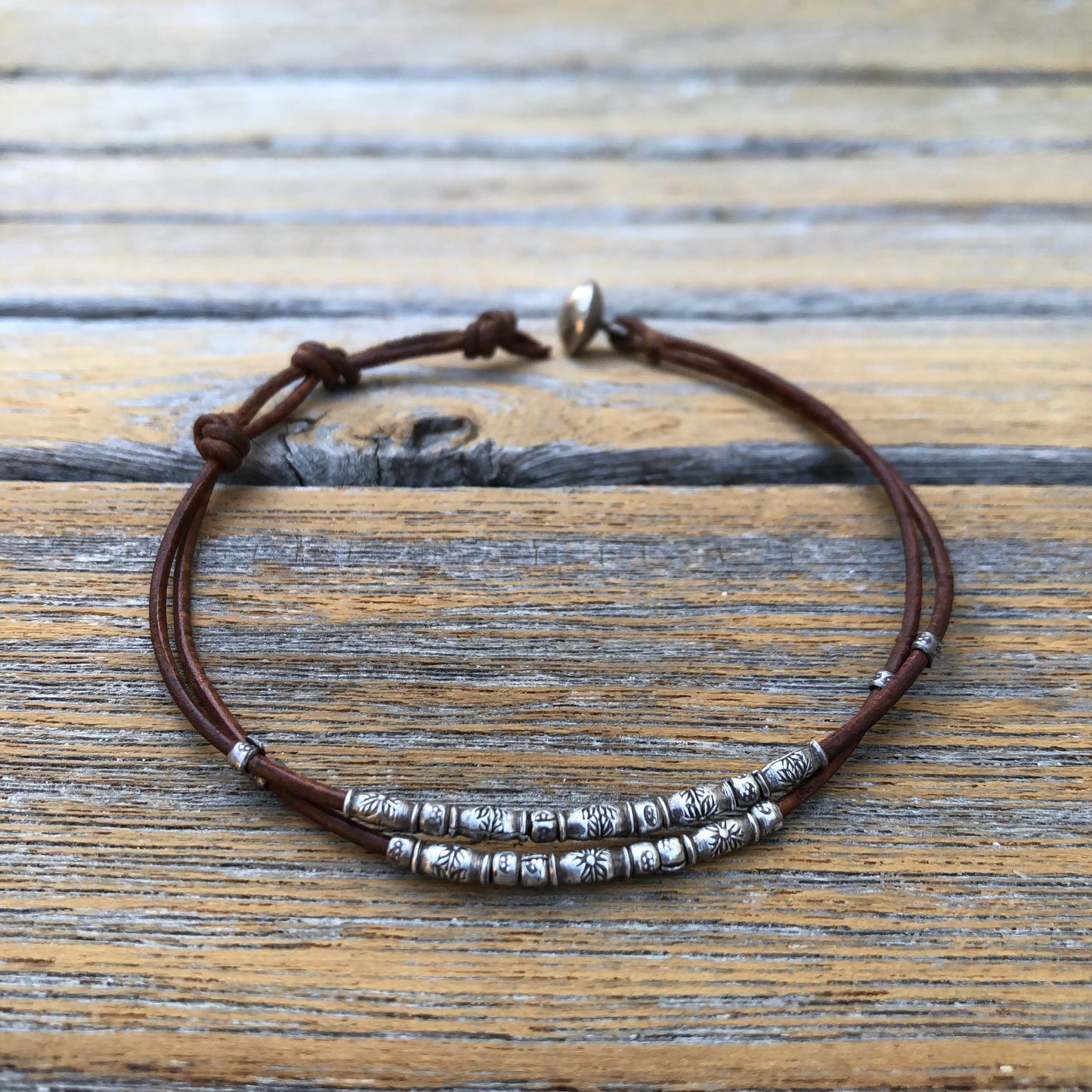 Hilltribe Silver Beads On Tan Leather Cord