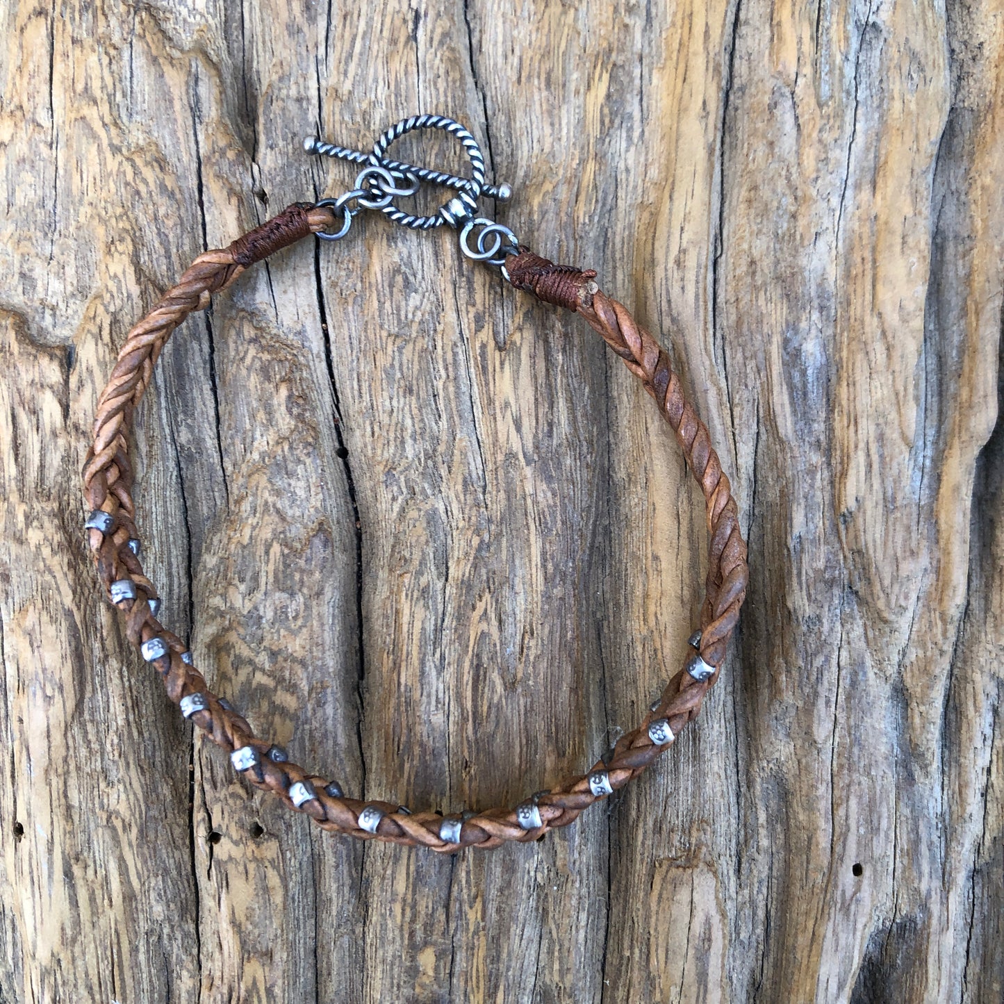 Hilltribe Silver Beads On Braided Tan Leather Cord