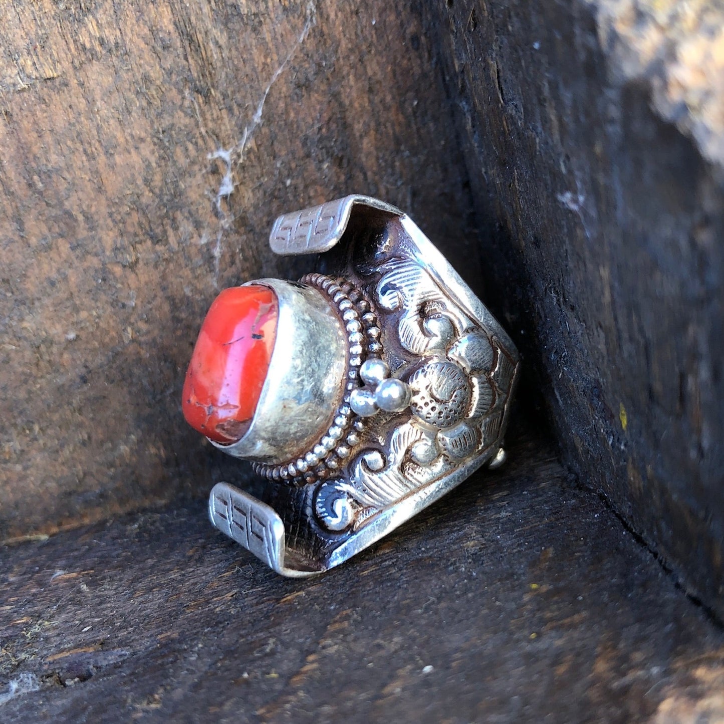 Red Coral Tibetan Saddle Ring