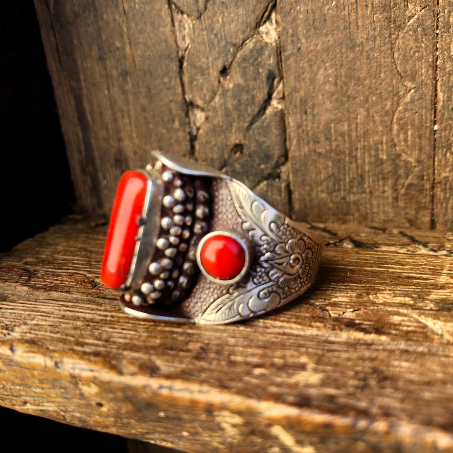 Red Coral Silver Saddle Ring