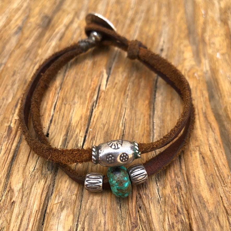 Silver Beads & Turquoise On Brown Leather Bracelet