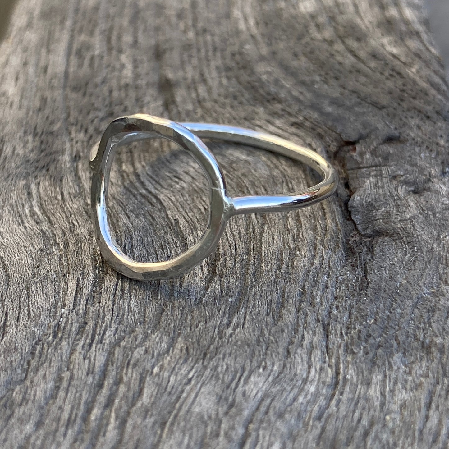 Open hammered circle silver ring