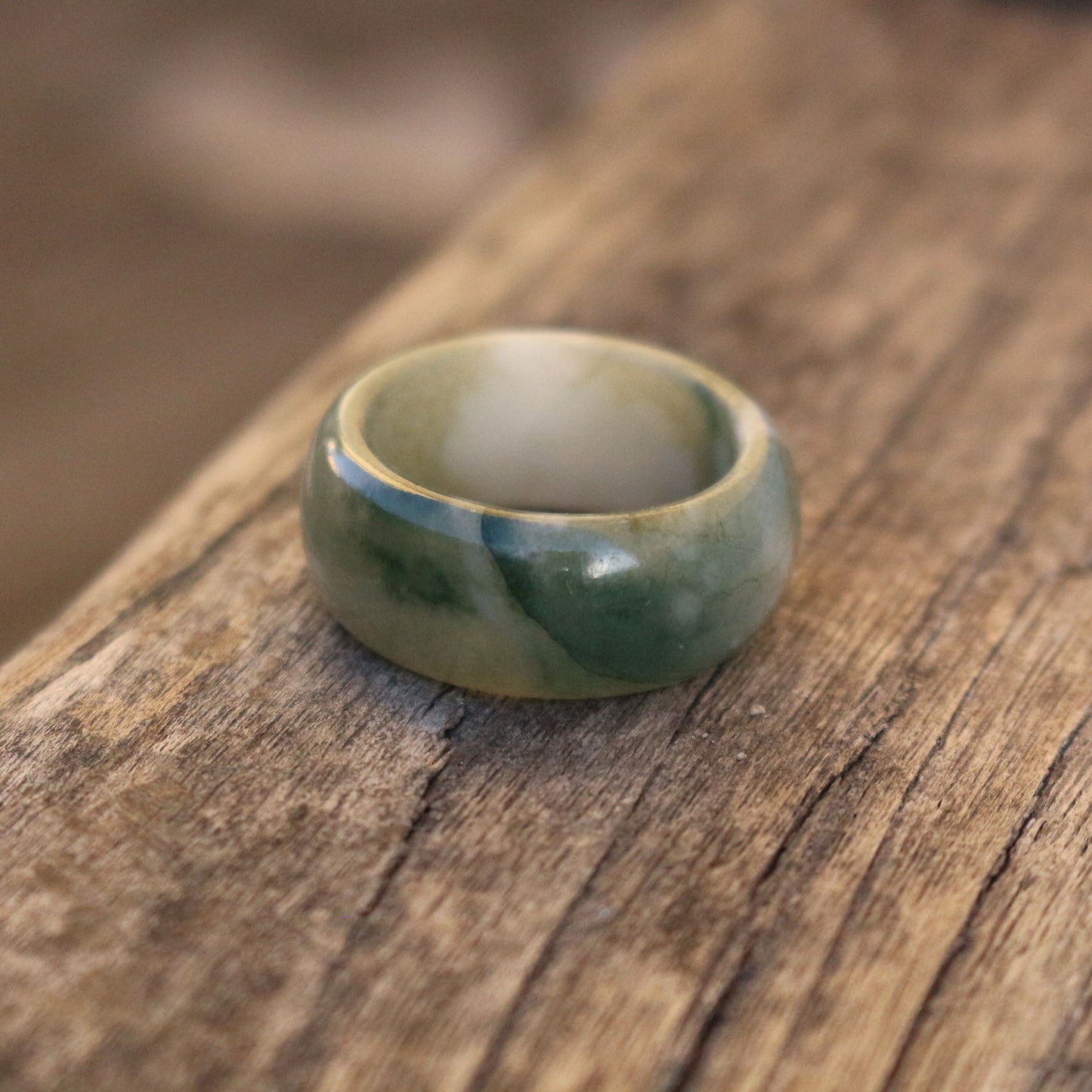 Wide Band Green Jade Ring