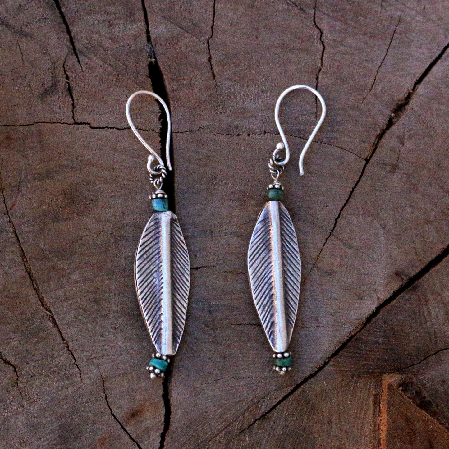 Silver Feather Turquoise Beads Earrings