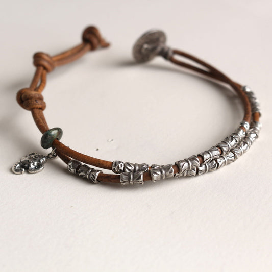 Silver beads Leather Bracelet - Trendivine