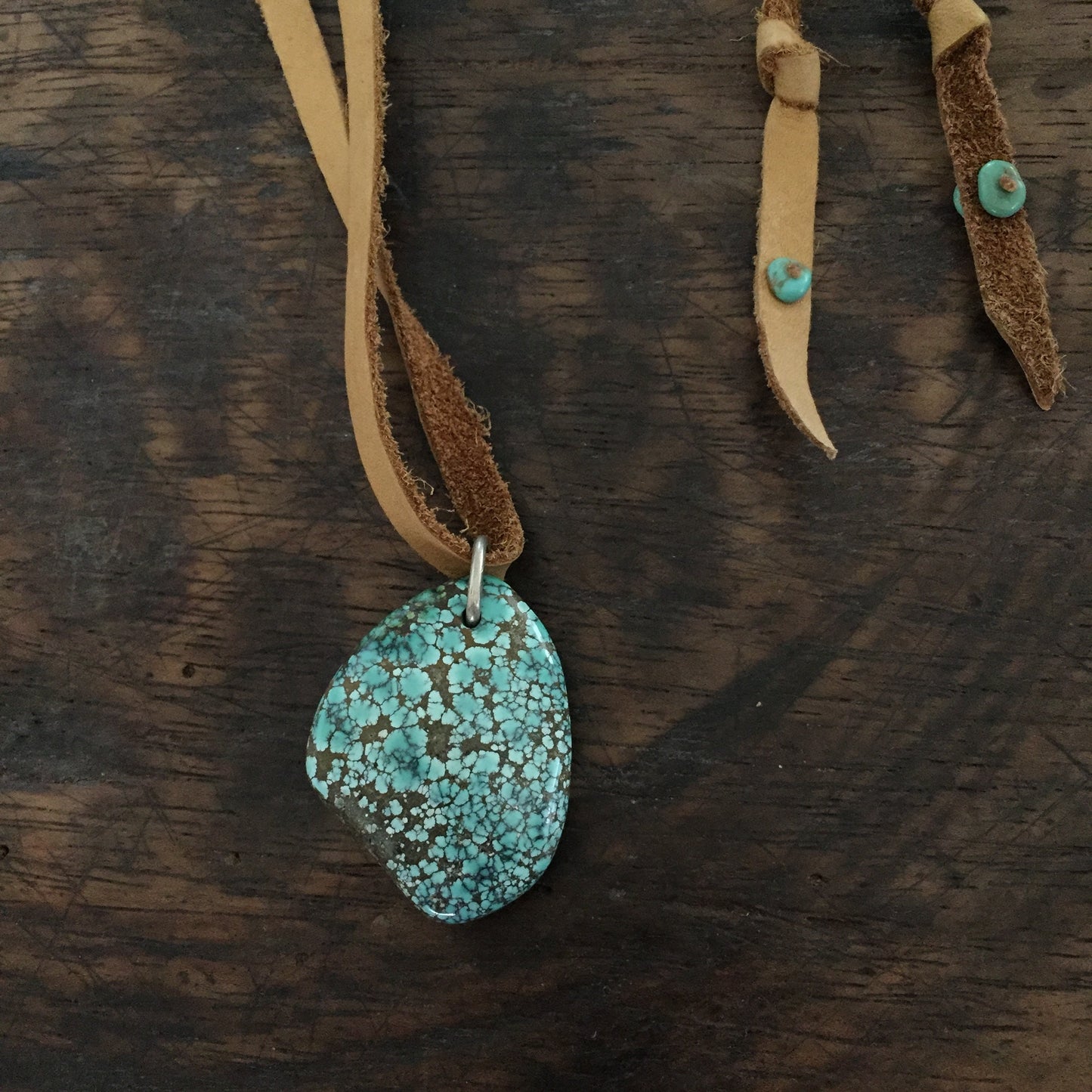 Turquoise On Adjustable Tan Leather necklace