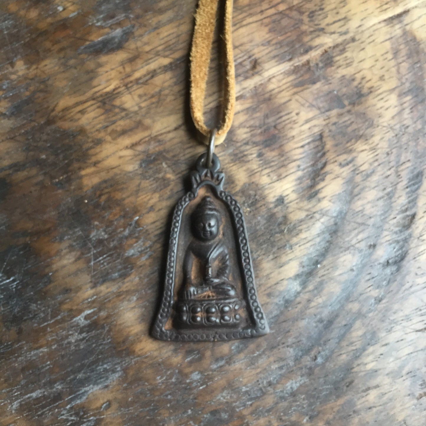 Buddha Amulet On Tan Leather Lace Necklace