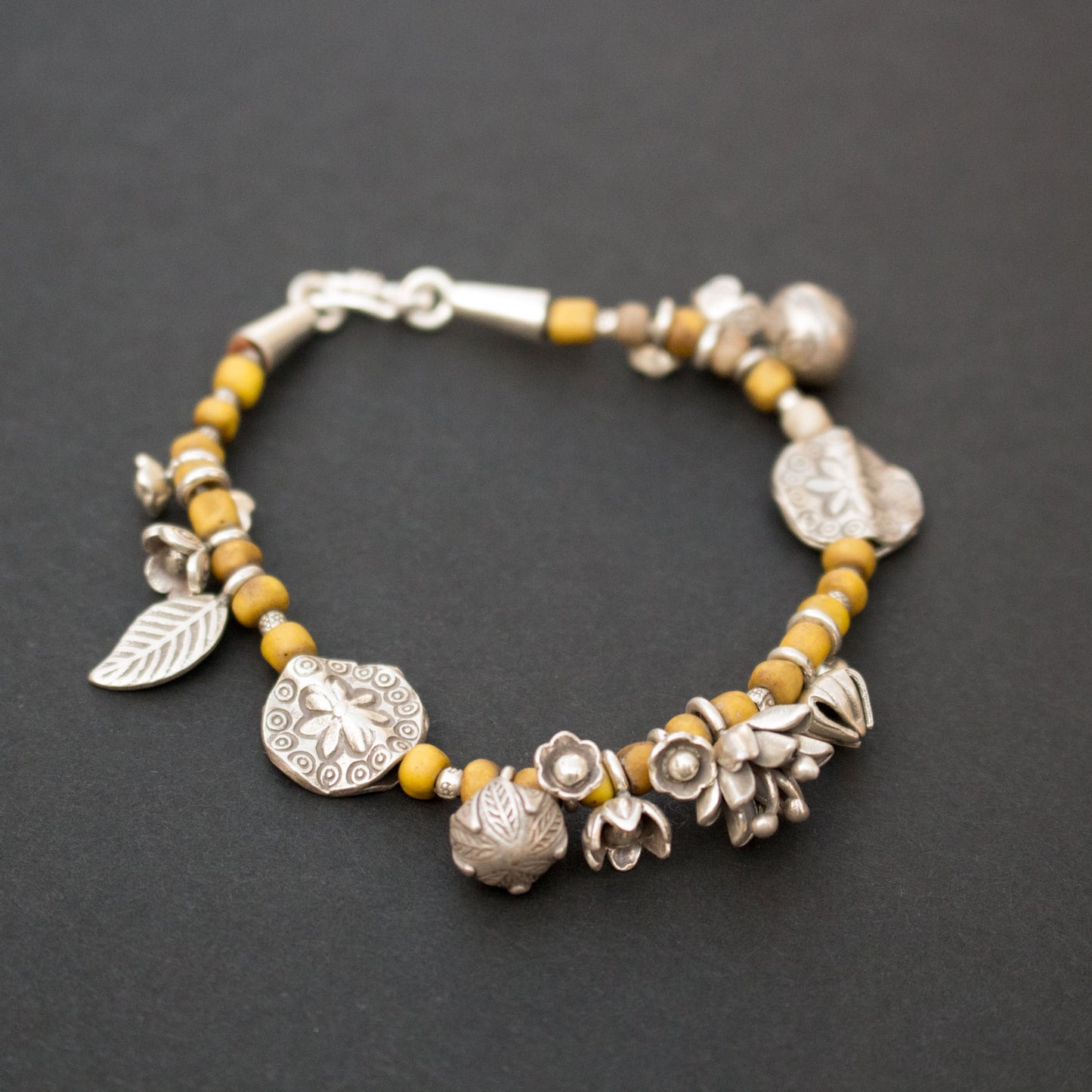 Silver lotus and leaf bracelet